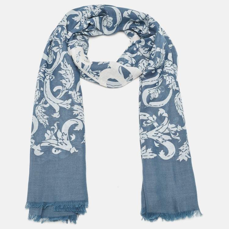 Pre Owned Loewe Blue Print Cotton and Cashmere Fringed Scarf