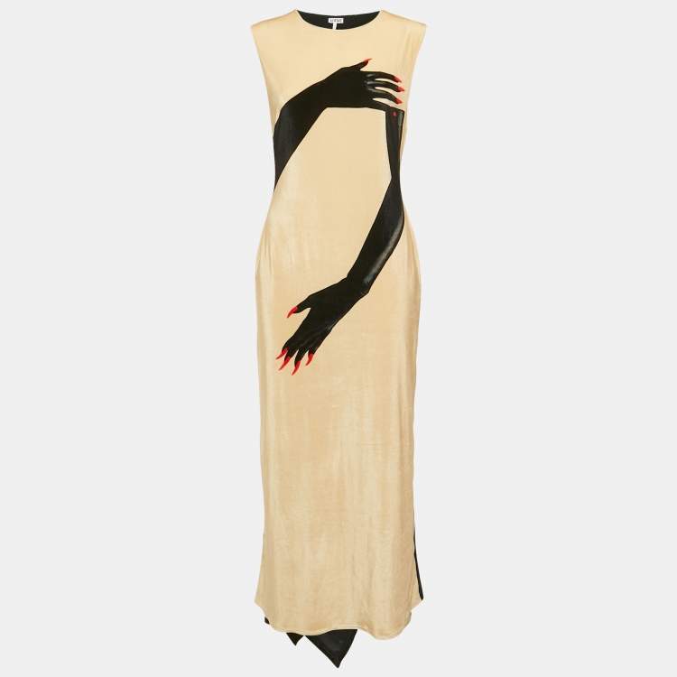 Pre Owned Loewe Beige/Black Gloves Print Velvet Asymmetric Midi Dress S