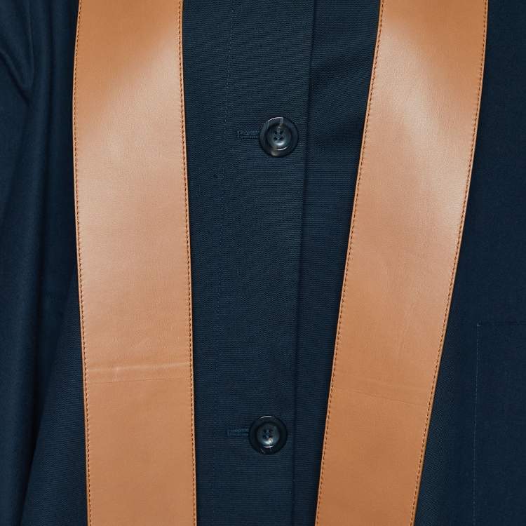 Pre Owned Loewe Navy Blue Cotton & Leather Collar Cape Jacket S
