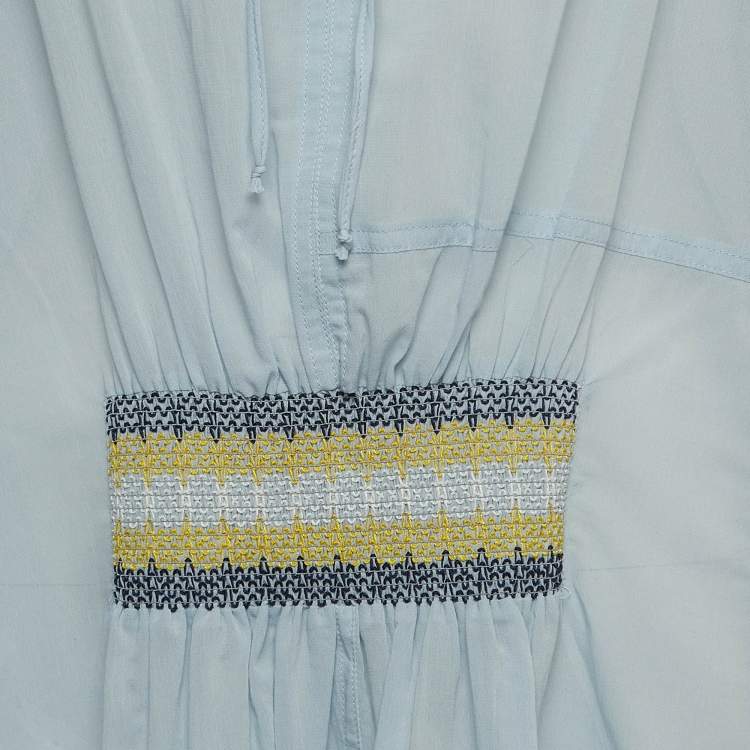 Pre Owned Loewe Blue Cotton Blend Smocked Detail Tie-Up Neck Mini Dress S