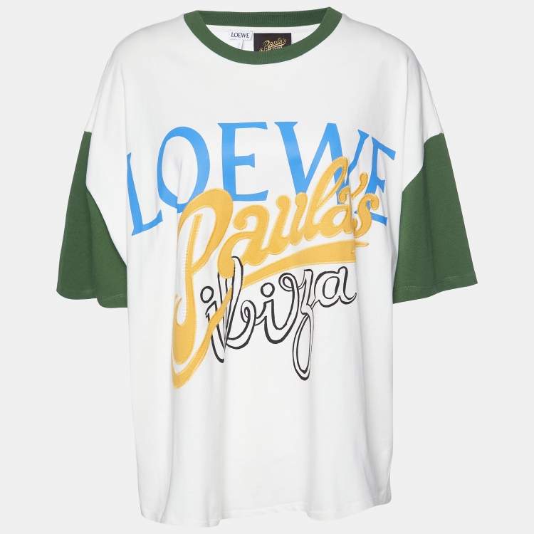 Pre Owned Loewe X Paula's Ibiza Ivory/Green Logo Print Cotton Oversized T-Shirt M