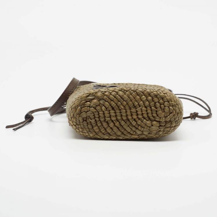 Pre Owned Loewe Green Raffia and Canvas Anagram Ajouré Bucket Bag