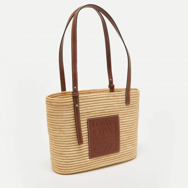 Pre Owned Loewe x Paula's Ibiza Beige/Brown Raffia and Leather Small Square Basket Bag