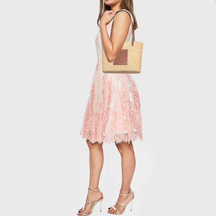 Pre Owned Loewe x Paula's Ibiza Beige/Brown Raffia and Leather Small Square Basket Bag