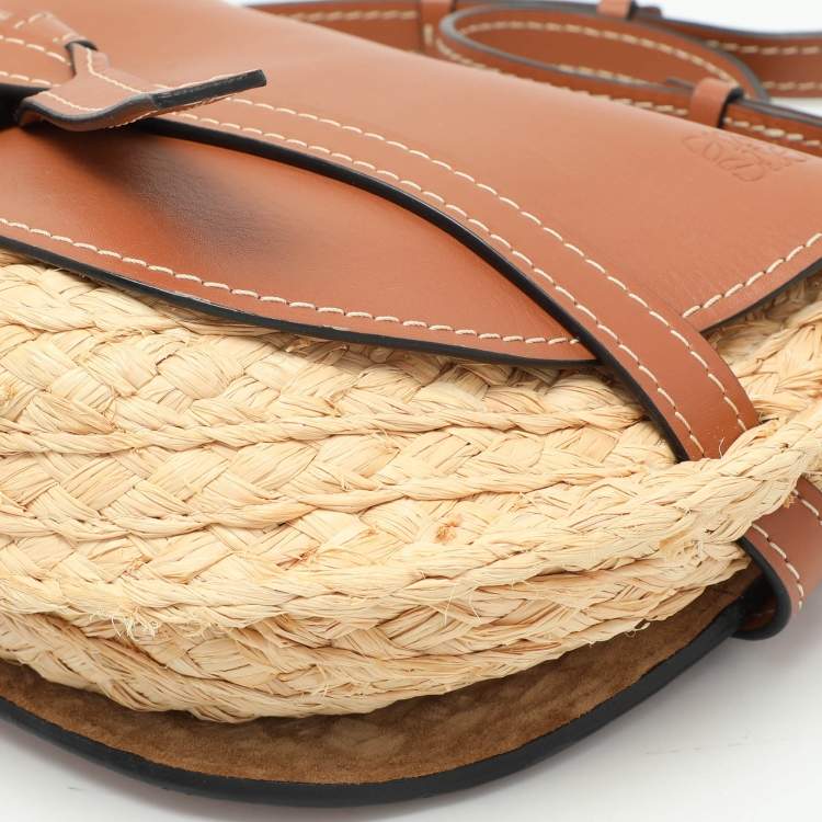 Pre Owned Loewe Brown/Beige Raffia and Leather Small Gate Shoulder Bag