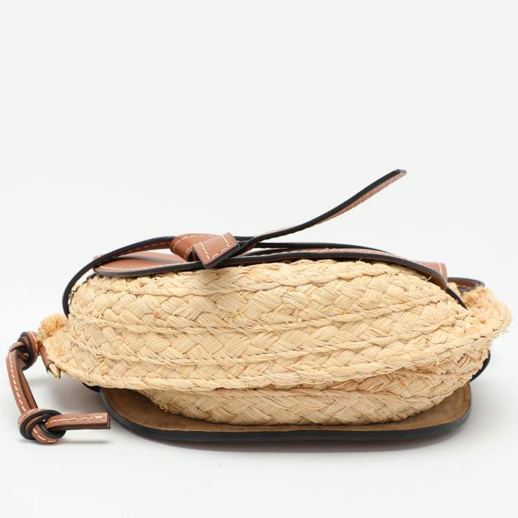 Pre Owned Loewe Brown/Beige Raffia and Leather Small Gate Shoulder Bag