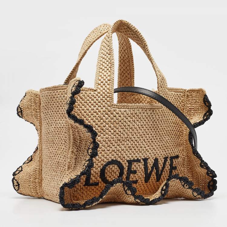 Pre Owned Loewe x Paula's Ibiza Black/Natural Raffia Small Ruffle Tote