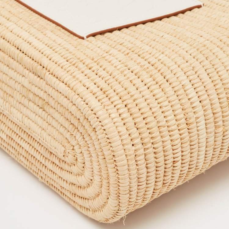Pre Owned Loewe White/Natural Raffia and Leather Small Square Basket Tote