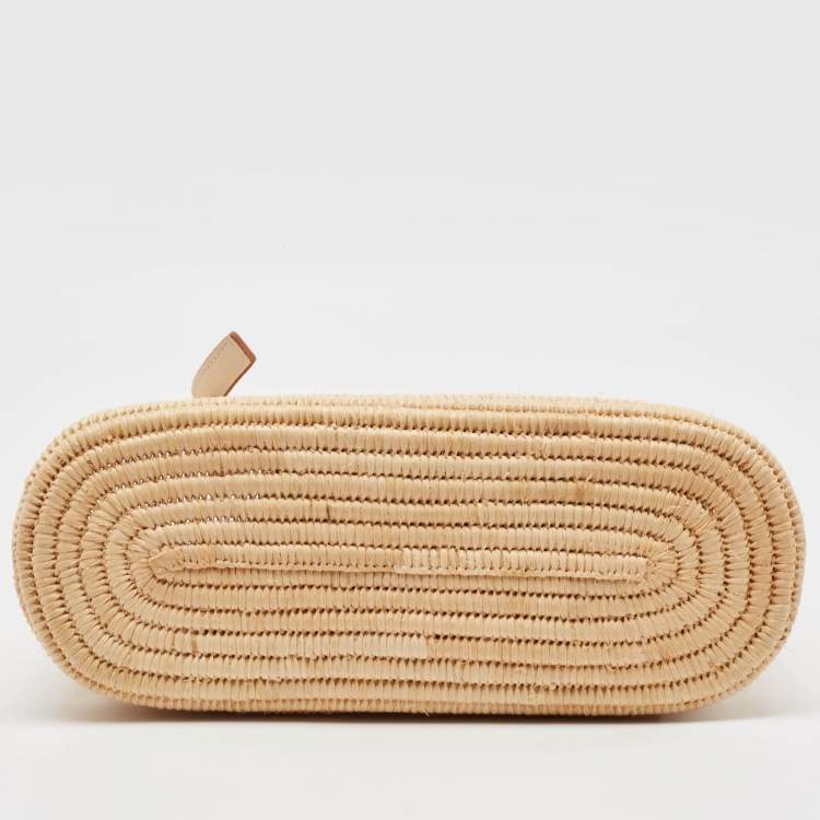 Pre Owned Loewe White/Natural Raffia and Leather Small Square Basket Tote