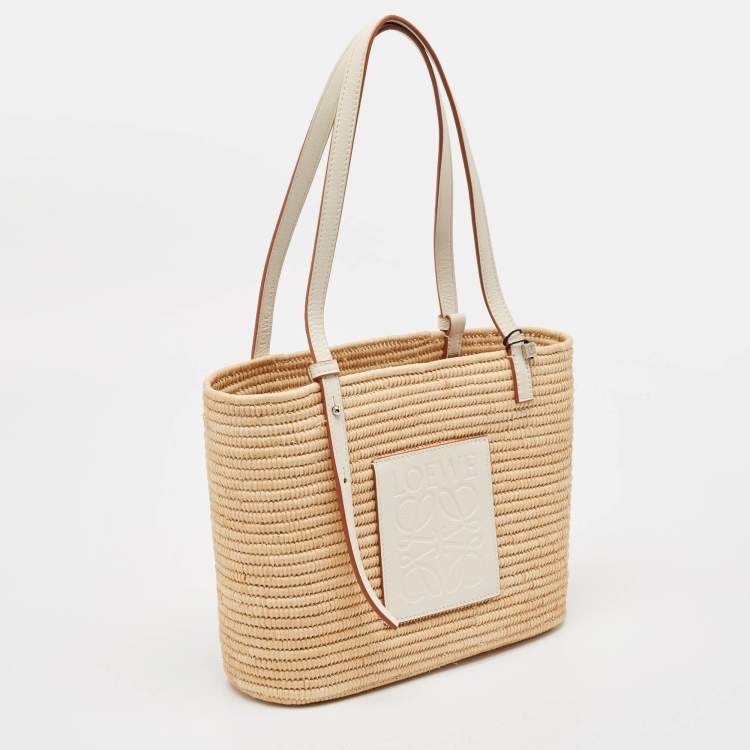 Pre Owned Loewe White/Natural Raffia and Leather Small Square Basket Tote