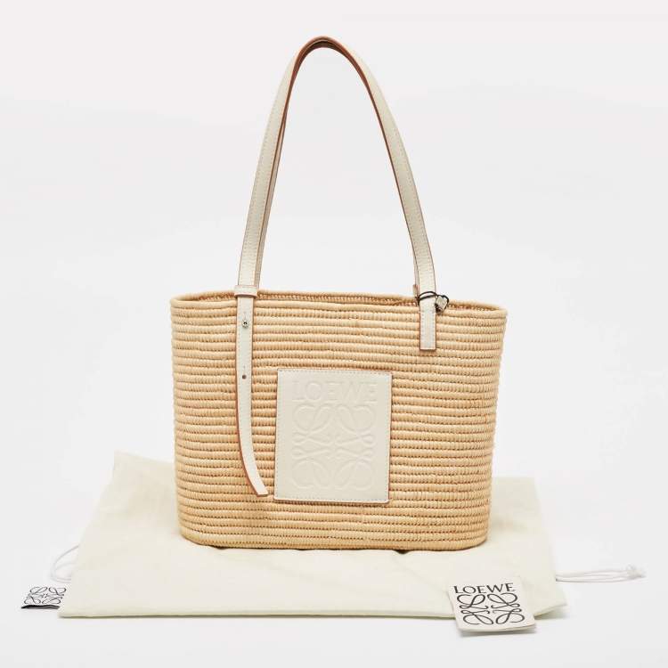 Pre Owned Loewe White/Natural Raffia and Leather Small Square Basket Tote