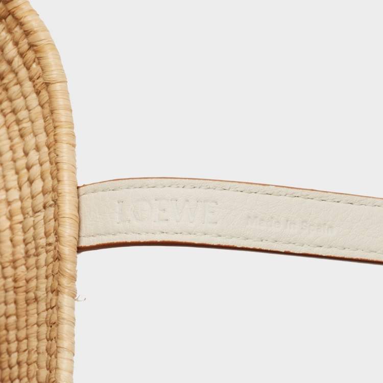 Pre Owned Loewe White/Natural Raffia and Leather Small Square Basket Tote