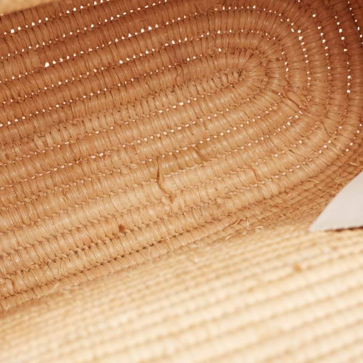 Pre Owned Loewe White/Natural Raffia and Leather Small Square Basket Tote