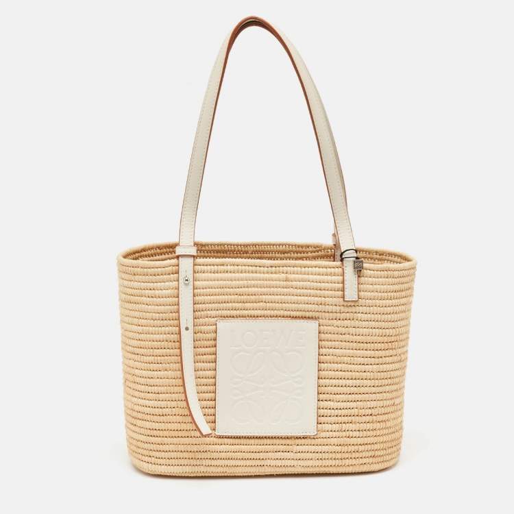 Pre Owned Loewe White/Natural Raffia and Leather Small Square Basket Tote