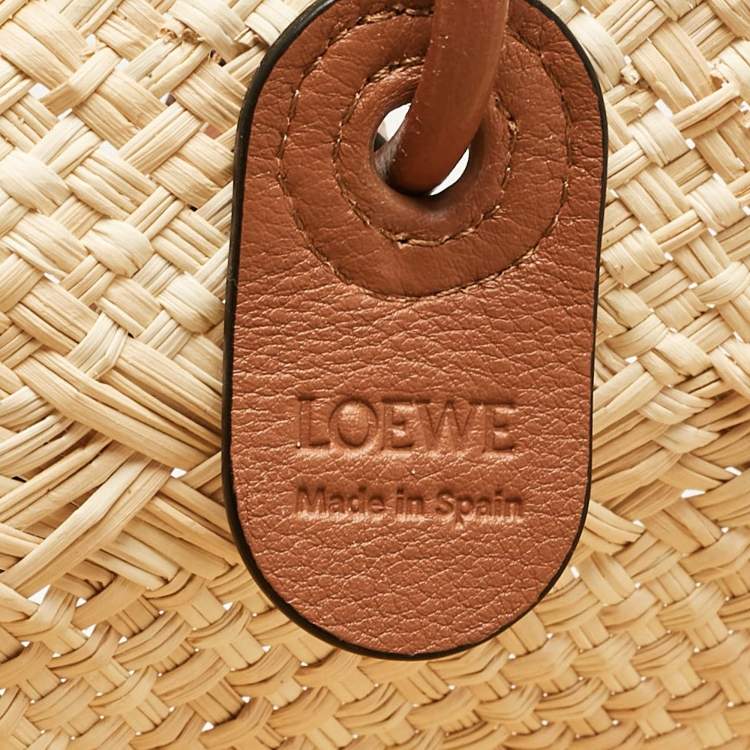 Pre Owned Loewe Beige/Brown Raffia and Leather Large Anagram Basket Tote