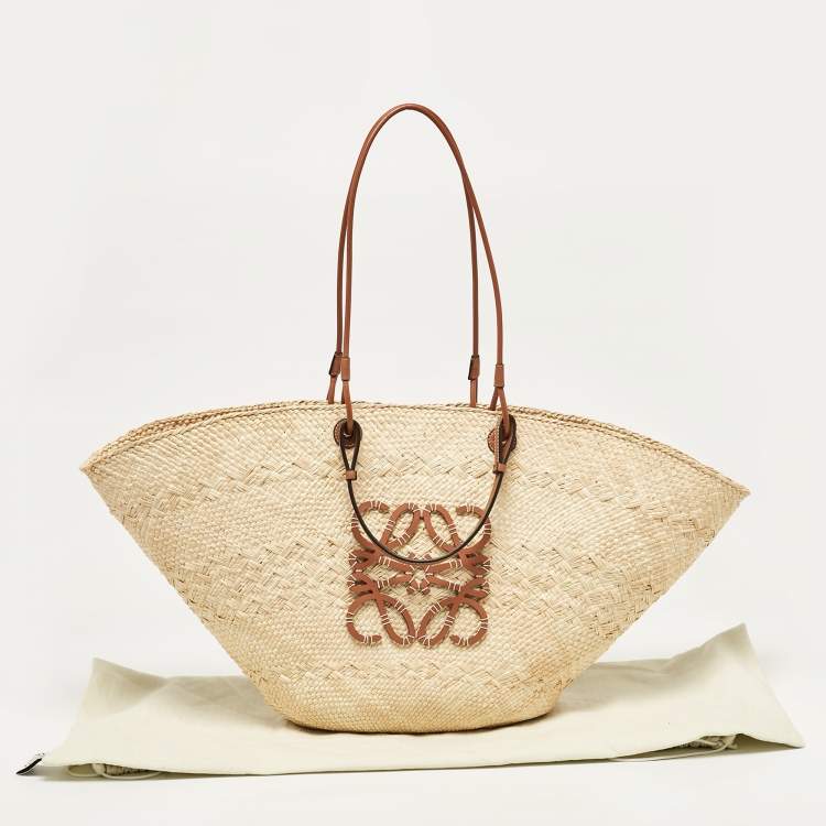 Pre Owned Loewe Beige/Brown Raffia and Leather Large Anagram Basket Tote
