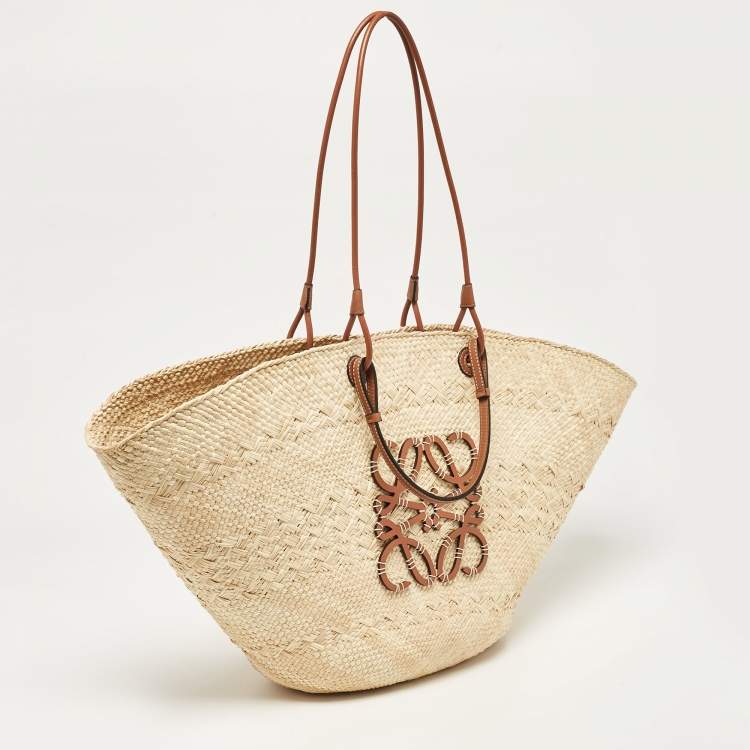 Pre Owned Loewe Beige/Brown Raffia and Leather Large Anagram Basket Tote