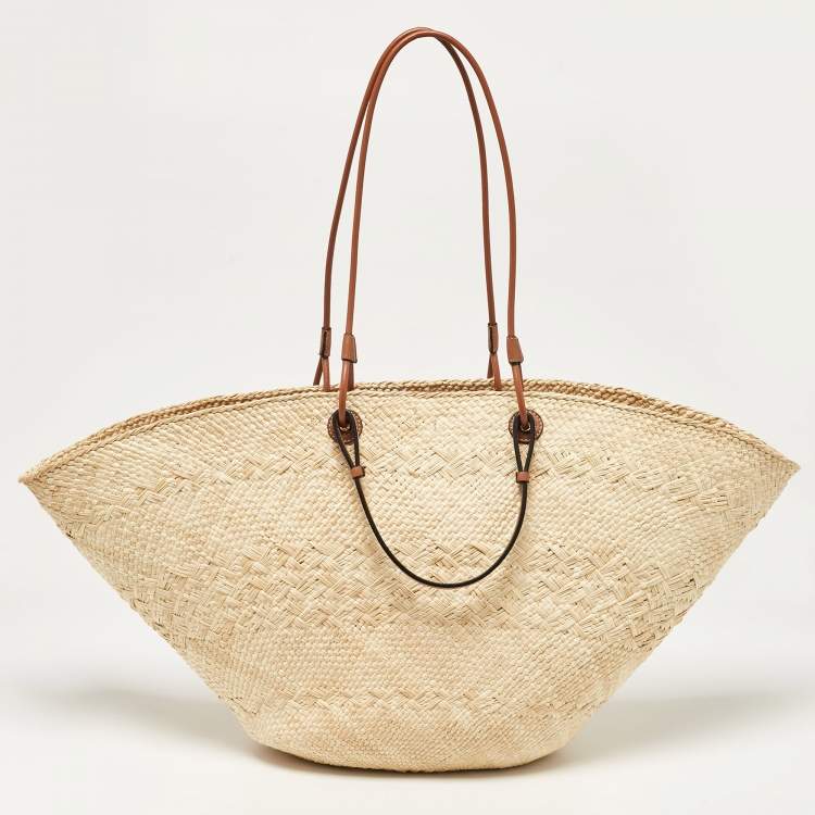 Pre Owned Loewe Beige/Brown Raffia and Leather Large Anagram Basket Tote