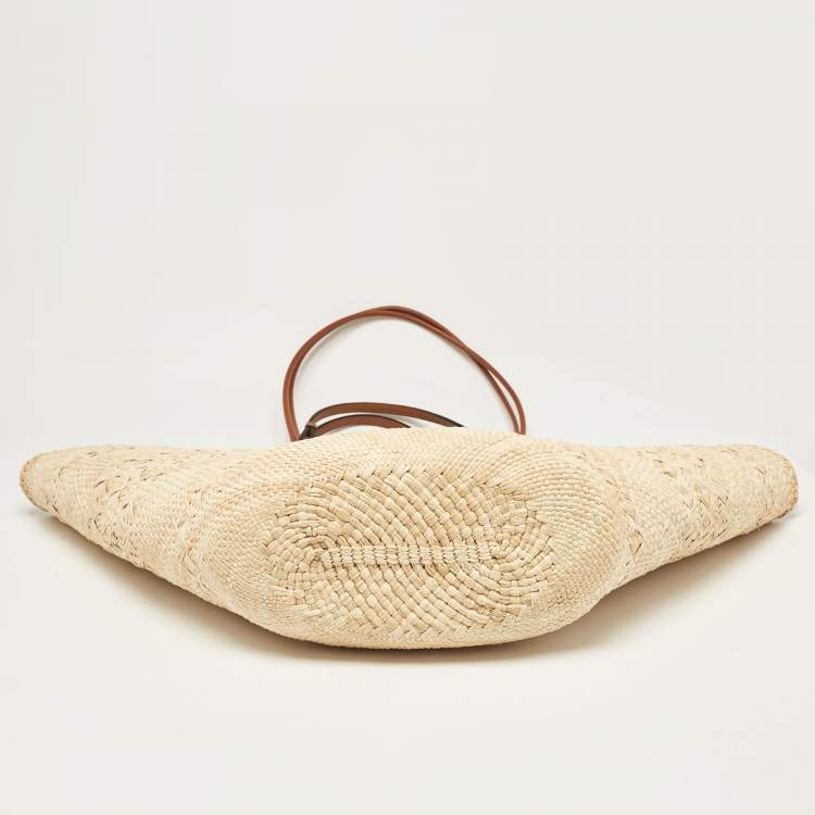 Pre Owned Loewe Beige/Brown Raffia and Leather Large Anagram Basket Tote