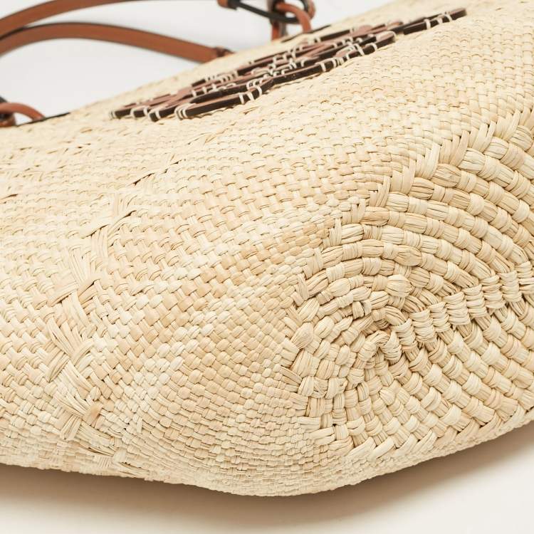 Pre Owned Loewe Beige/Brown Raffia and Leather Large Anagram Basket Tote