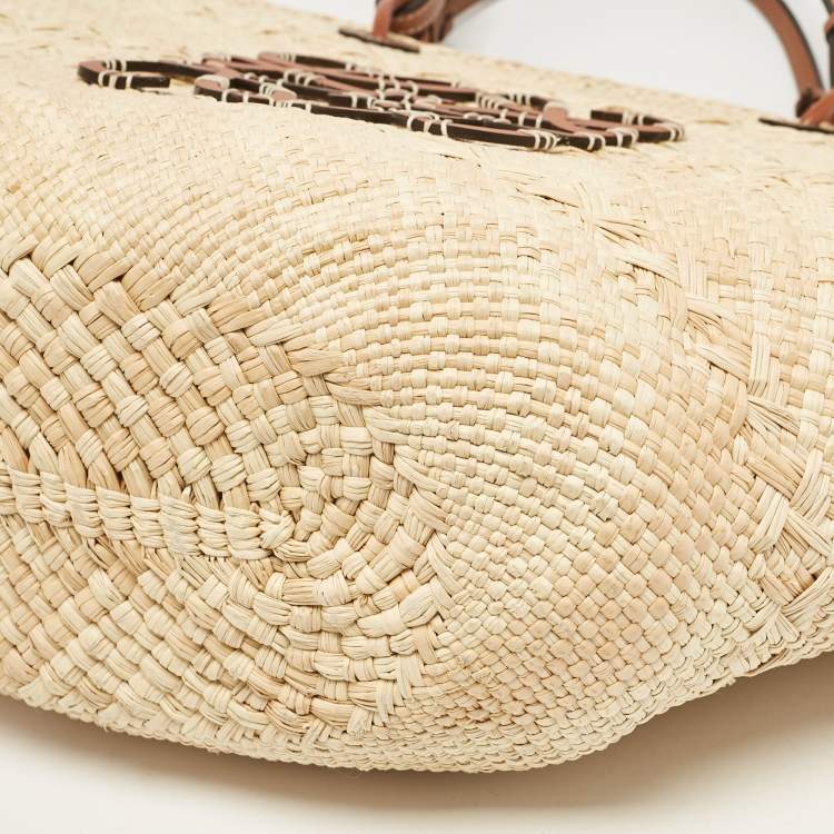 Pre Owned Loewe Beige/Brown Raffia and Leather Large Anagram Basket Tote