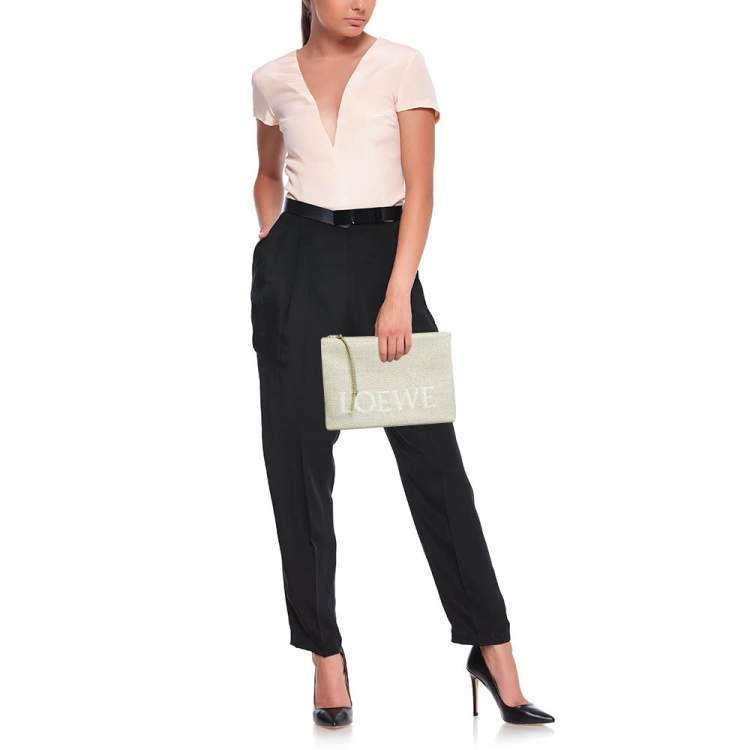 Pre Owned Loewe Beige Jacquard Canvas Oblong Pouch