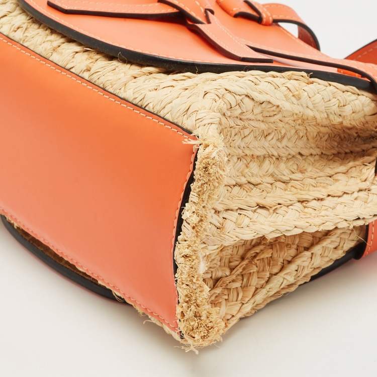 Pre Owned Loewe Orange/Natural Raffia and Leather Medium Gate Tote