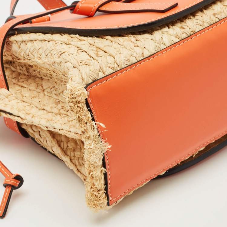 Pre Owned Loewe Orange/Natural Raffia and Leather Medium Gate Tote