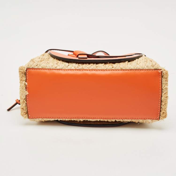 Pre Owned Loewe Orange/Natural Raffia and Leather Medium Gate Tote