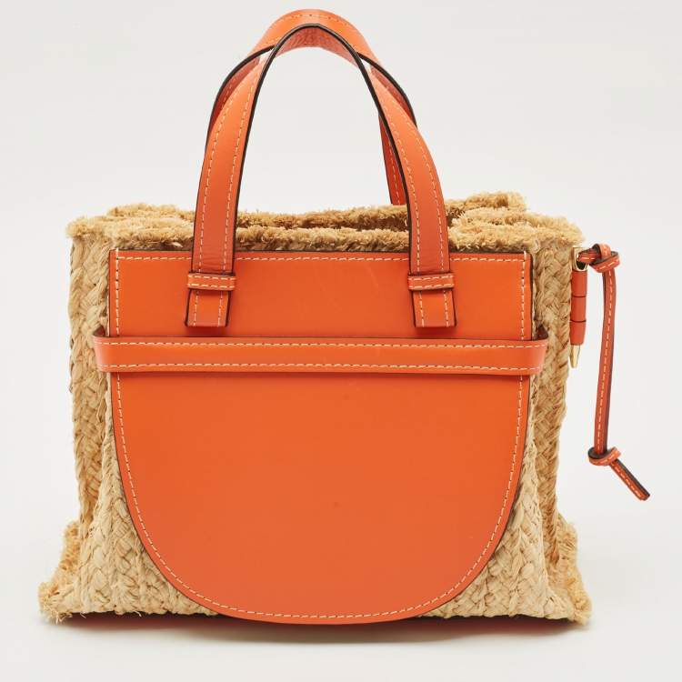 Pre Owned Loewe Orange/Natural Raffia and Leather Medium Gate Tote