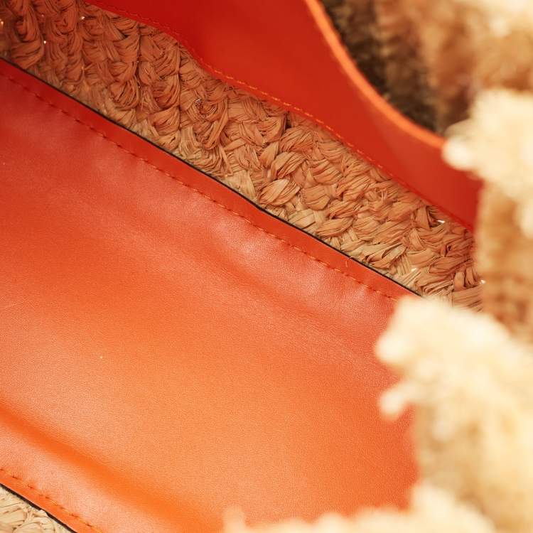 Pre Owned Loewe Orange/Natural Raffia and Leather Medium Gate Tote