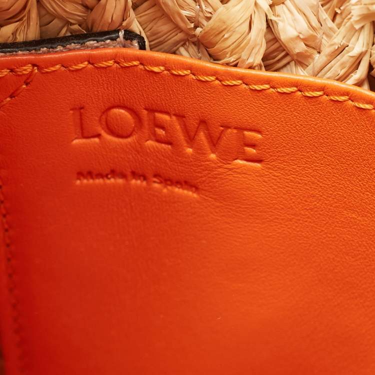Pre Owned Loewe Orange/Natural Raffia and Leather Medium Gate Tote