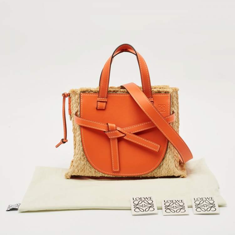 Pre Owned Loewe Orange/Natural Raffia and Leather Medium Gate Tote