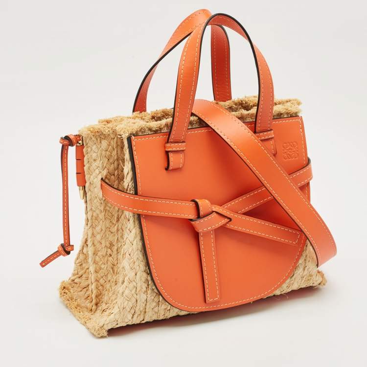 Pre Owned Loewe Orange/Natural Raffia and Leather Medium Gate Tote