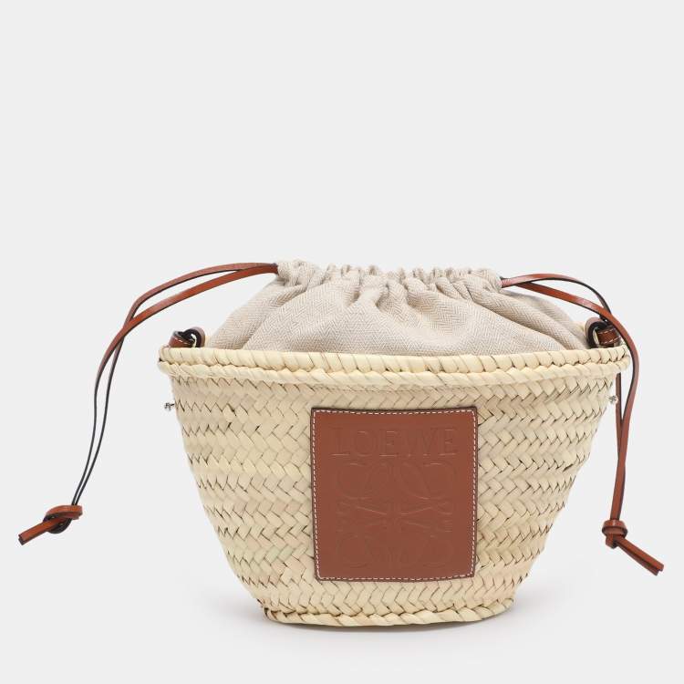 Pre Owned Loewe Beige/Brown Raffia and Canvas Drawstring Bucket Bag