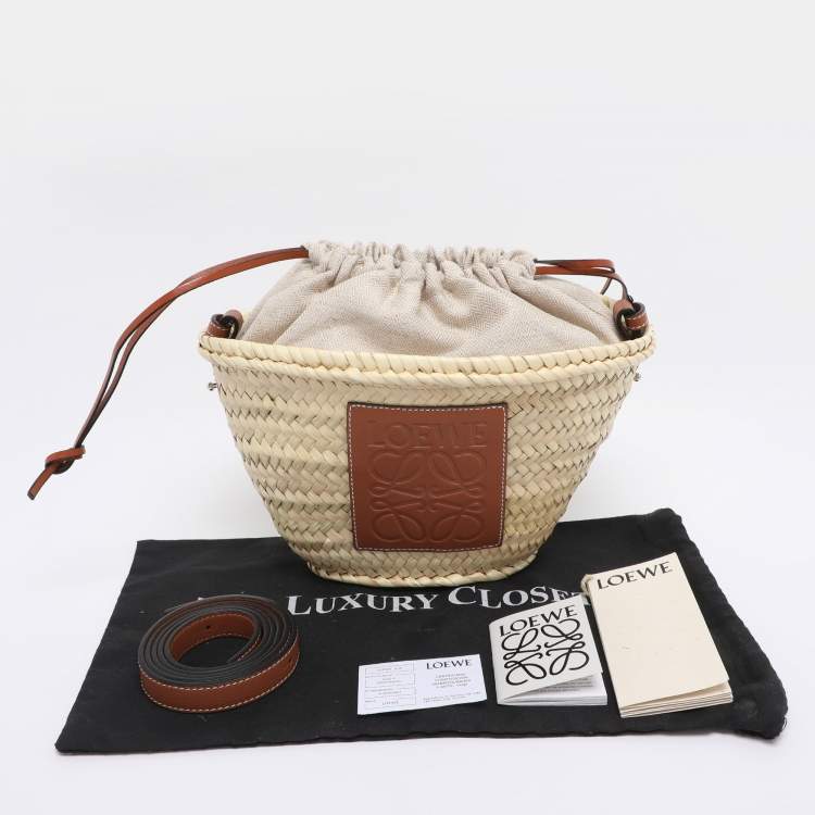 Pre Owned Loewe Beige/Brown Raffia and Canvas Drawstring Bucket Bag