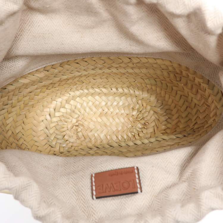 Pre Owned Loewe Beige/Brown Raffia and Canvas Drawstring Bucket Bag