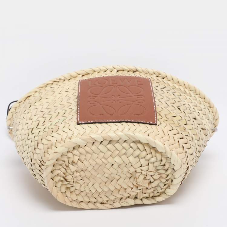 Pre Owned Loewe Beige/Brown Raffia and Canvas Drawstring Bucket Bag