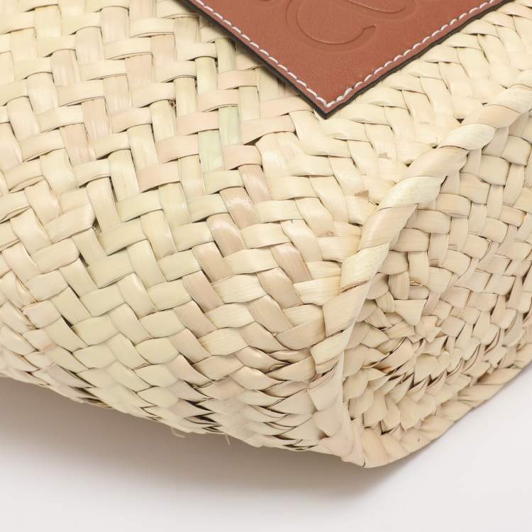Pre Owned Loewe Beige/Brown Raffia and Canvas Drawstring Bucket Bag