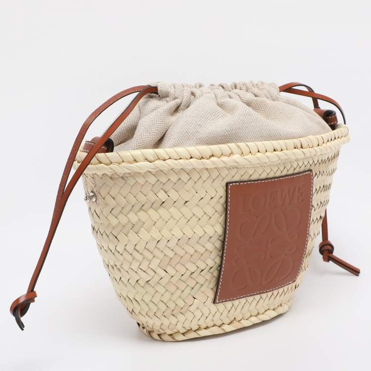Pre Owned Loewe Beige/Brown Raffia and Canvas Drawstring Bucket Bag