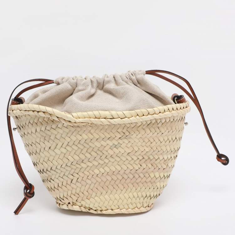 Pre Owned Loewe Beige/Brown Raffia and Canvas Drawstring Bucket Bag