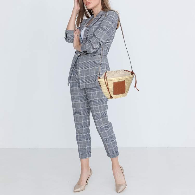 Pre Owned Loewe Beige/Brown Raffia and Canvas Drawstring Bucket Bag