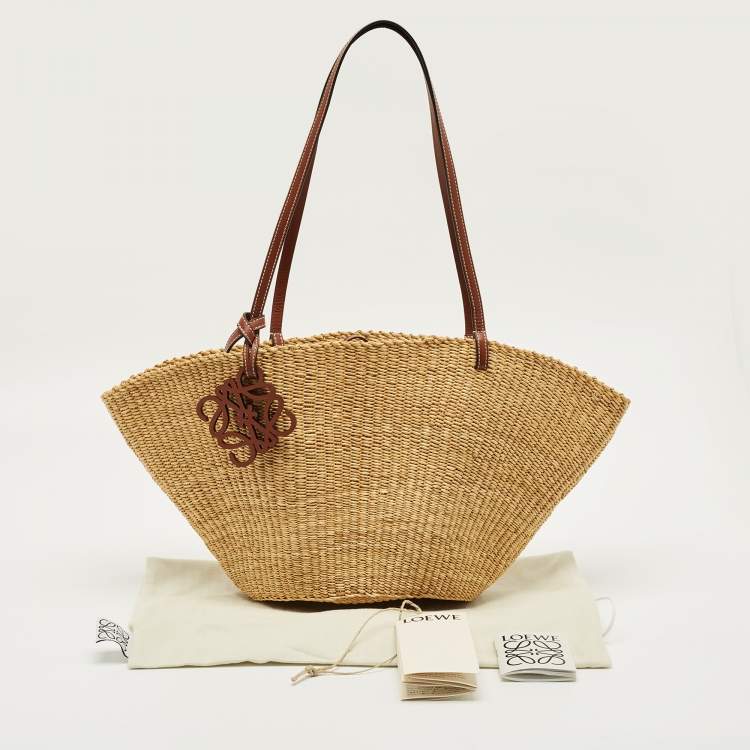 Pre Owned Loewe Beige/Brown Woven Raffia and Leather Shell Basket Tote