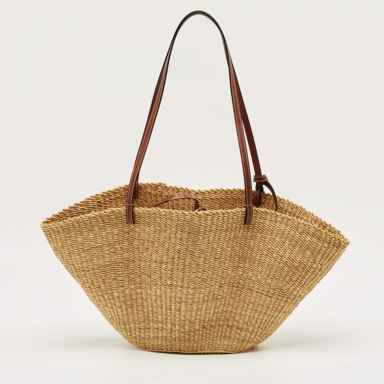 Pre Owned Loewe Beige/Brown Woven Raffia and Leather Shell Basket Tote