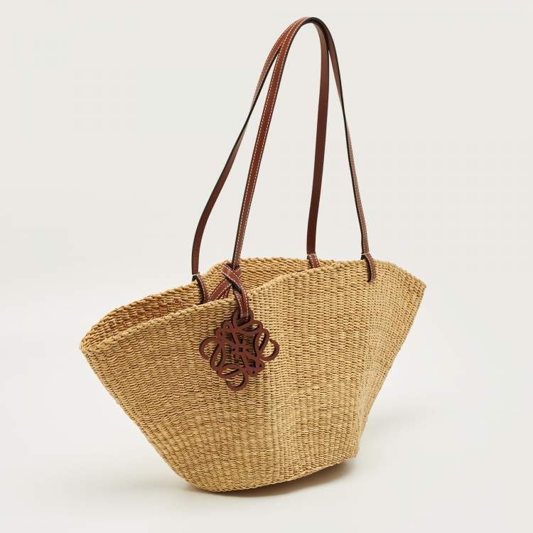Pre Owned Loewe Beige/Brown Woven Raffia and Leather Shell Basket Tote