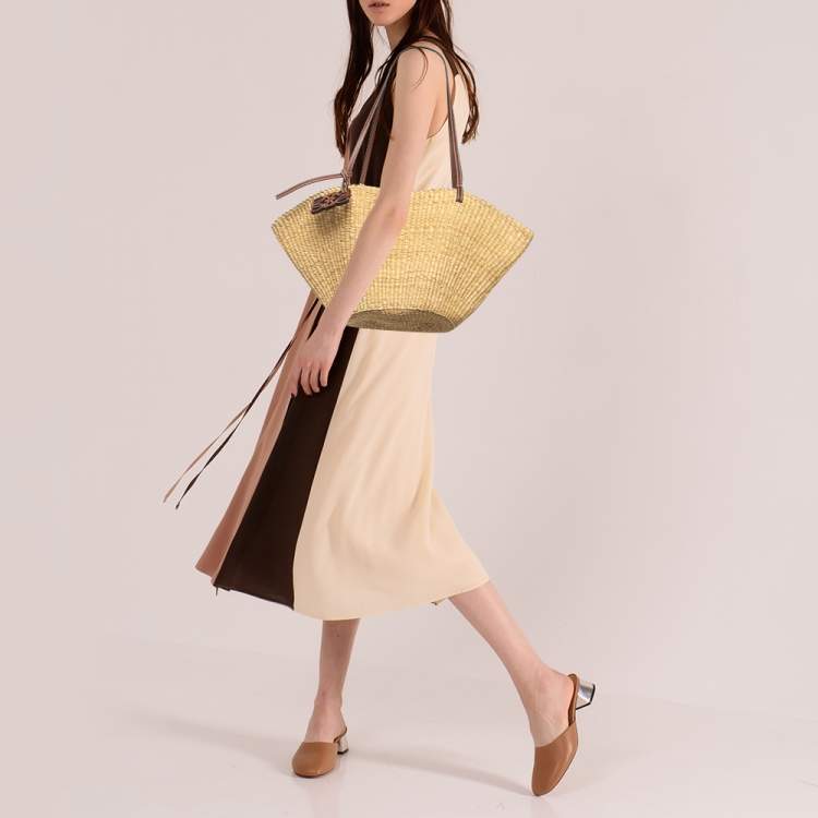 Pre Owned Loewe Beige/Brown Woven Raffia and Leather Shell Basket Tote
