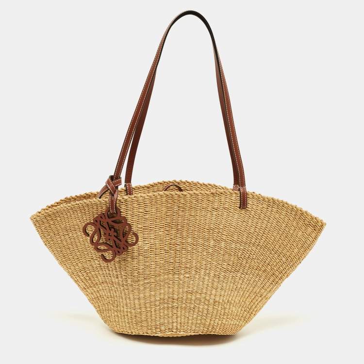 Pre Owned Loewe Beige/Brown Woven Raffia and Leather Shell Basket Tote