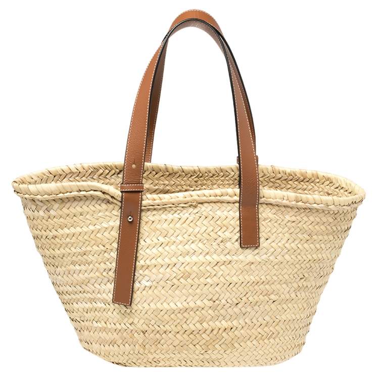 Pre Owned  Loewe Beige Woven Raffia and Leather Basket Bag