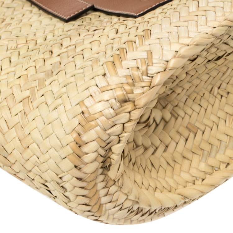 Pre Owned  Loewe Beige Woven Raffia and Leather Basket Bag