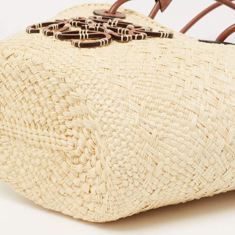 Pre Owned  Loewe Beige/Brown Woven Raffia and Leather Small Anagram Basket Bag